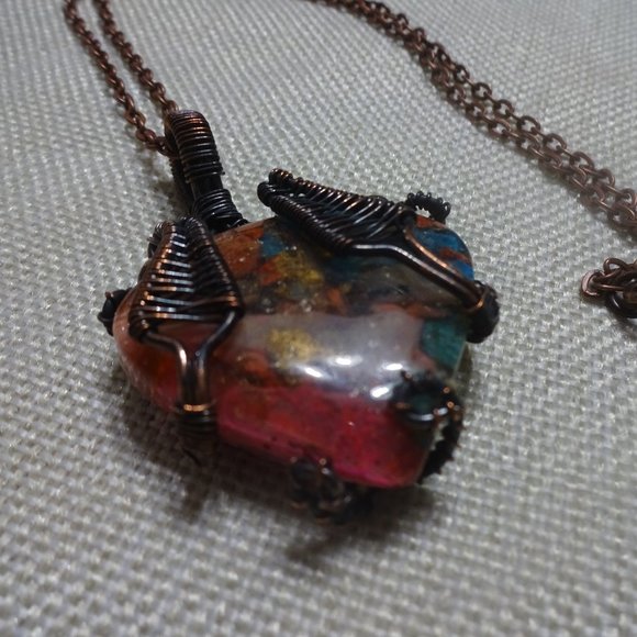 Artistic "OYSTER TURQUOISE" Handmade COPPER WIRE-WRAPPED Pendant/Chain #332B - Picture 1 of 3